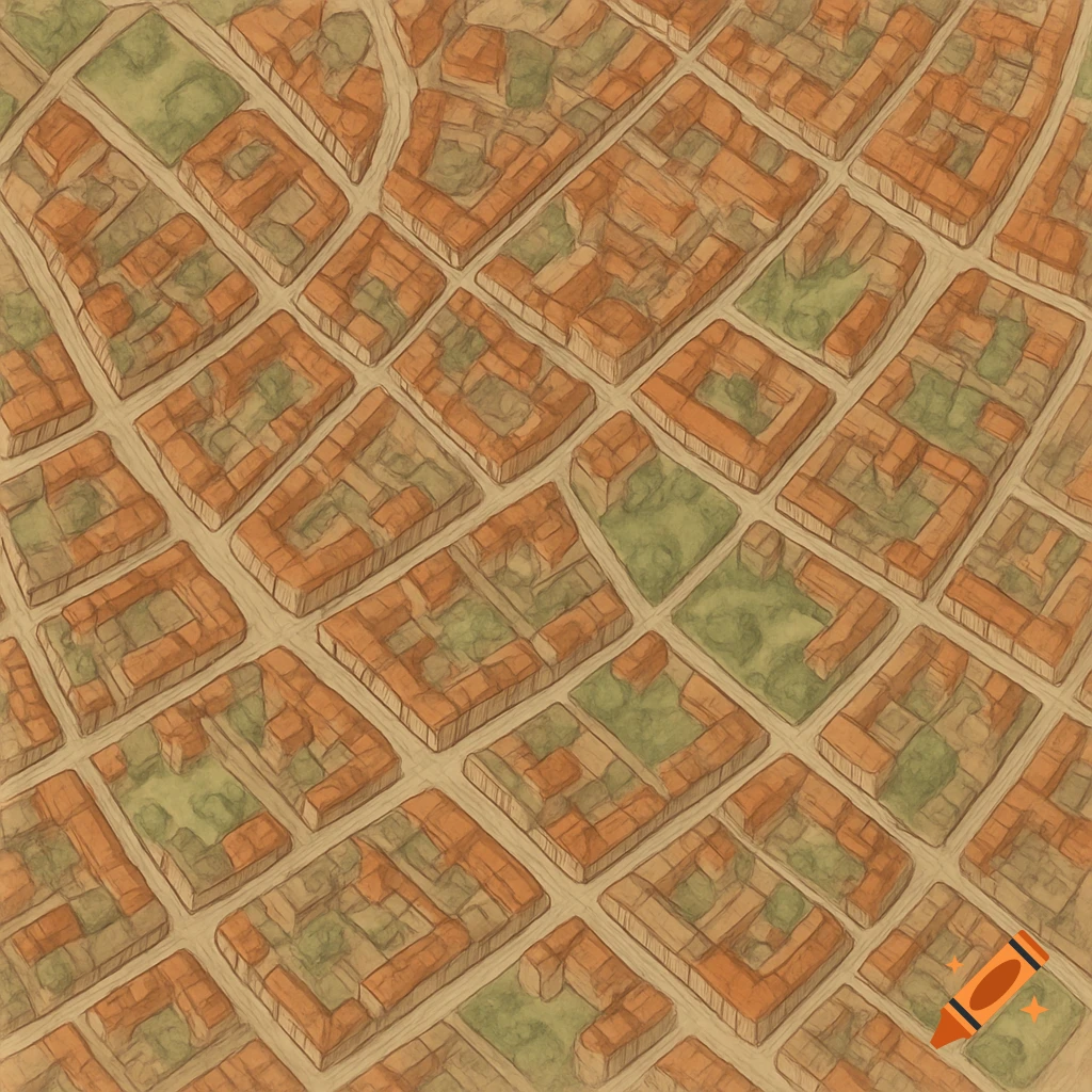 Stylized top-down map of a city grid with blocks of buildings and green squares.