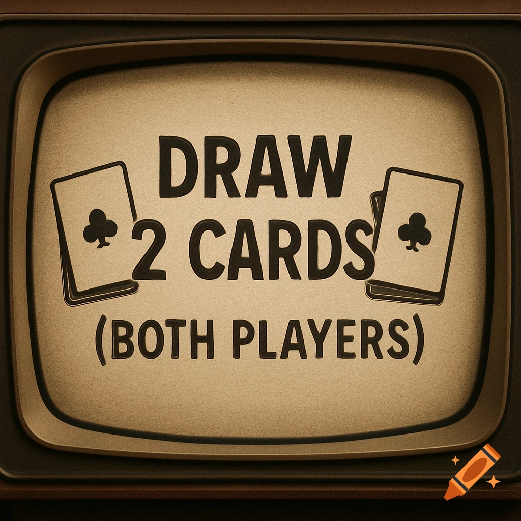Text "Draw 2 cards (both players)" on a vintage TV screen with stylized playing cards, in a sepia tone.