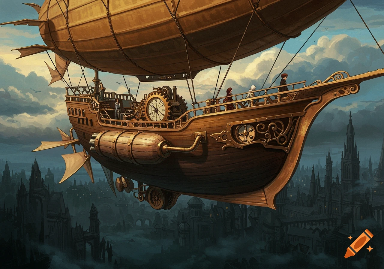 A steampunk airship floats above a dark city in an oil painting style.