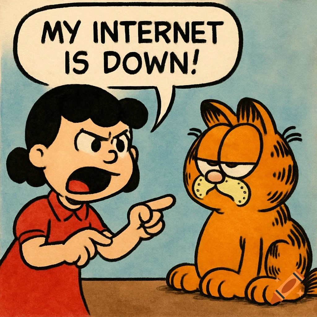 Cartoon panel of angry Lucy arguing with grumpy Garfield in a speech bubble that reads 'MY INTERNET IS DOWN!'