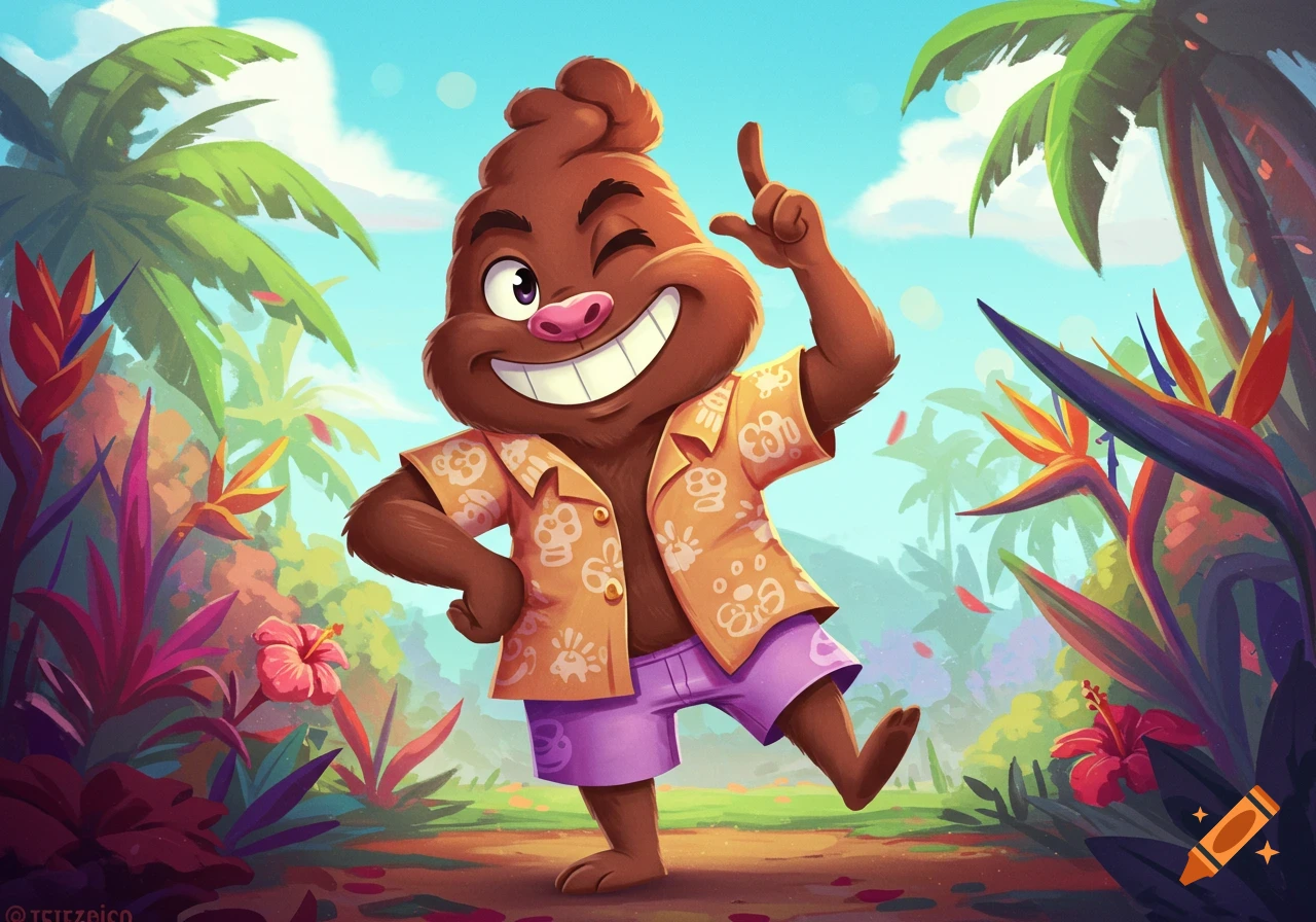 Cartoon poop character in a Hawaiian shirt winking in a tropical setting.