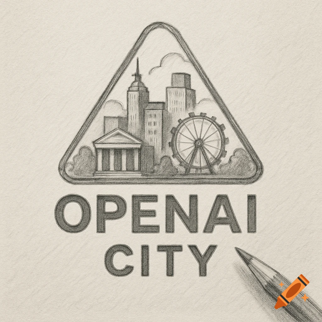 Pencil sketch logo in a triangle frame showing a city skyline and text "OPENAI CITY"