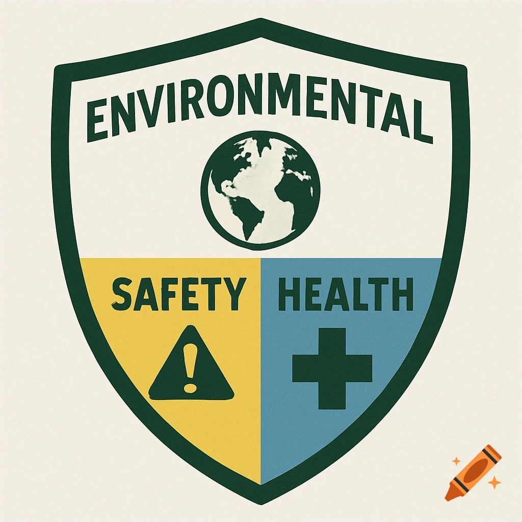 Shield emblem with environmental, safety, and health symbols and text.