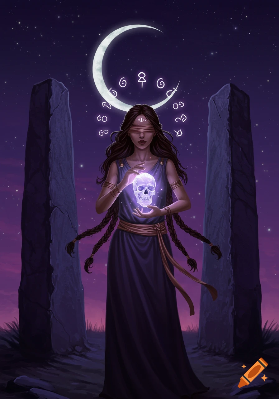 A blindfolded woman holds a glowing skull between standing stones under a crescent moon with symbols, fantasy art.