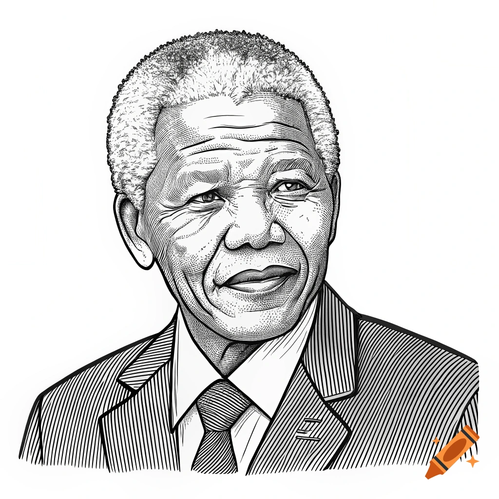 Black and white line drawing portrait of Nelson Mandela