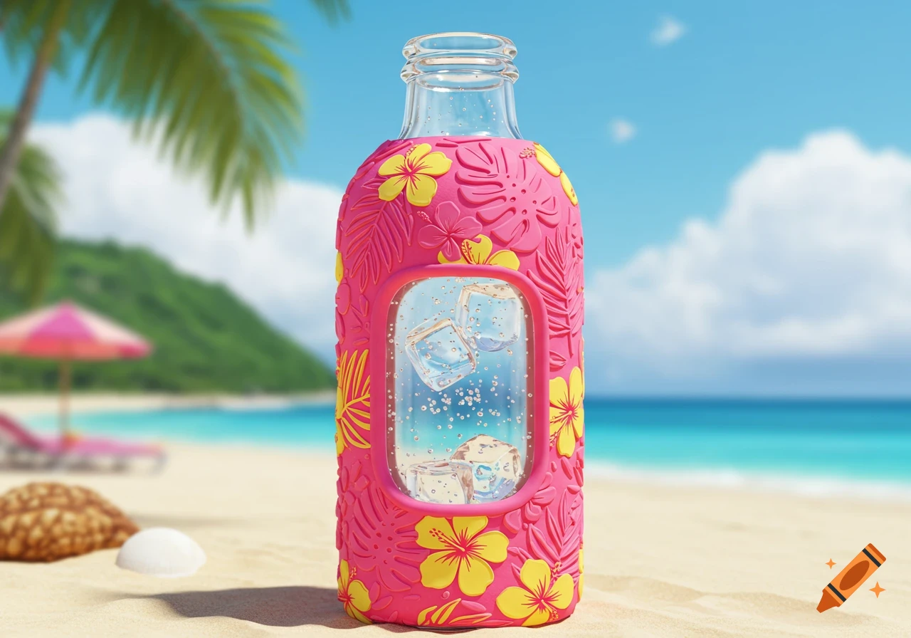 A bottle with a pink tropical cover and ice cubes on a sandy beach