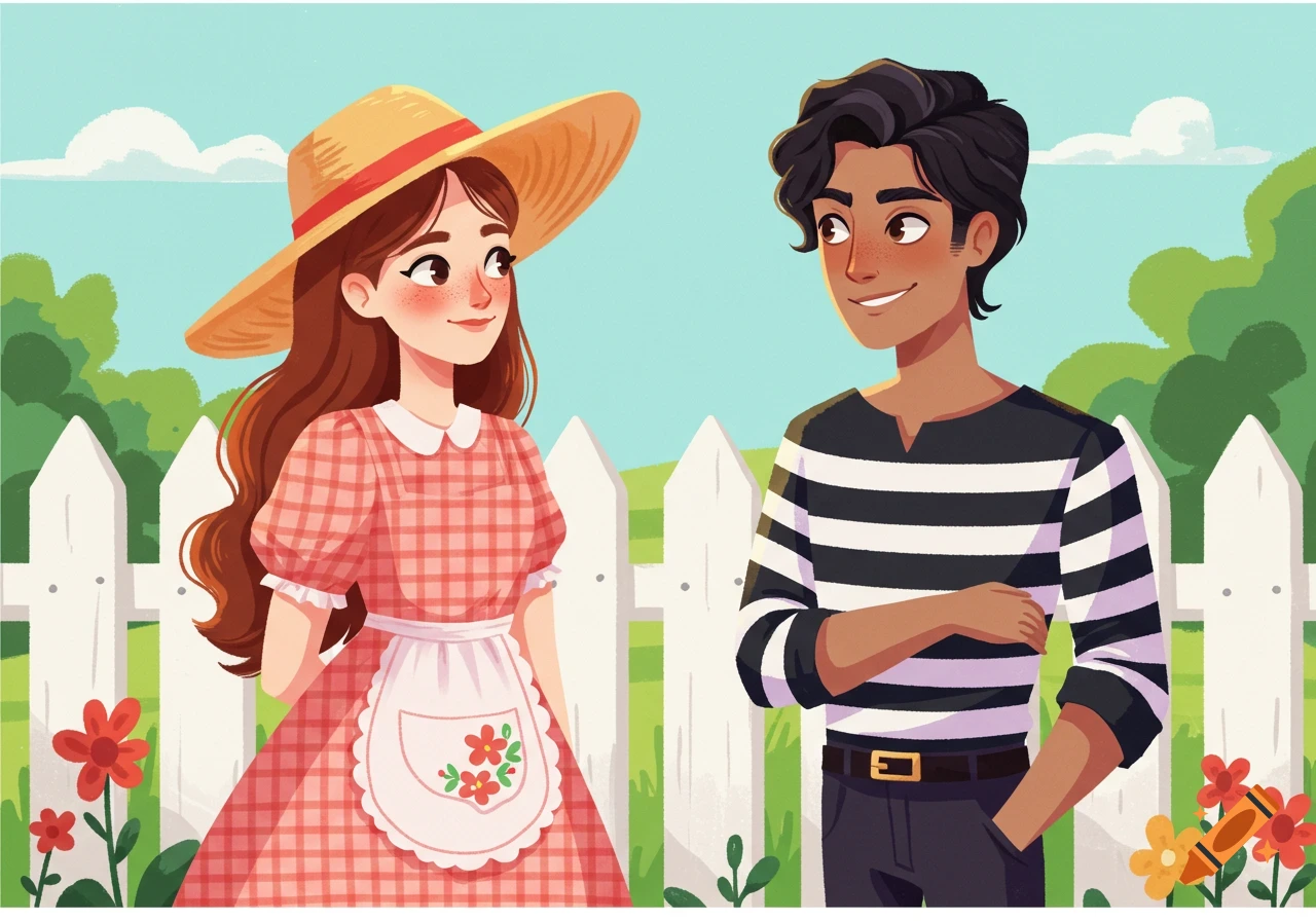Illustration of a man and woman standing by a white picket fence in a garden.