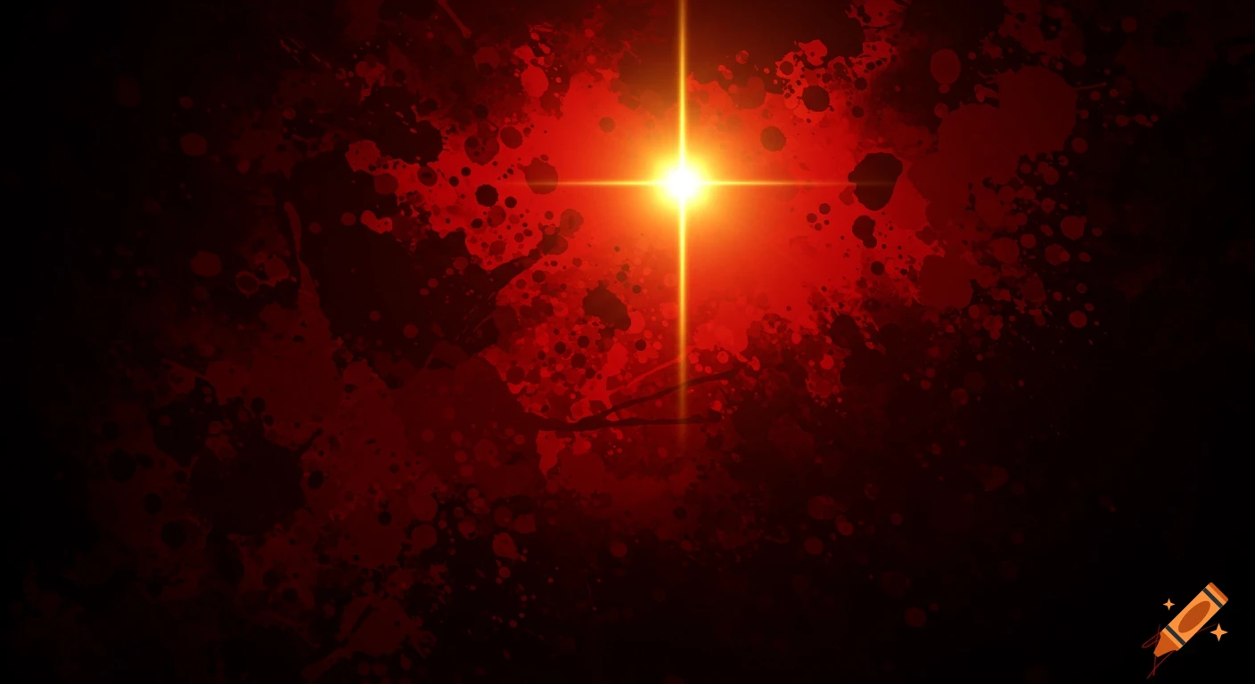 Dark red splatters on a black background with a bright star-like light in the center.