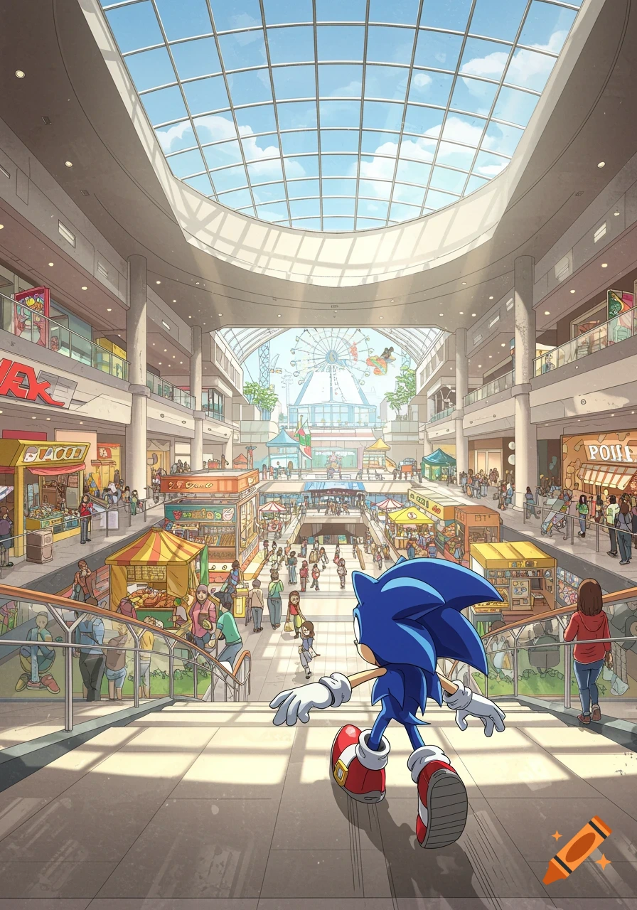 Sonic looks at a busy mall food court with a skylight. Illustration.