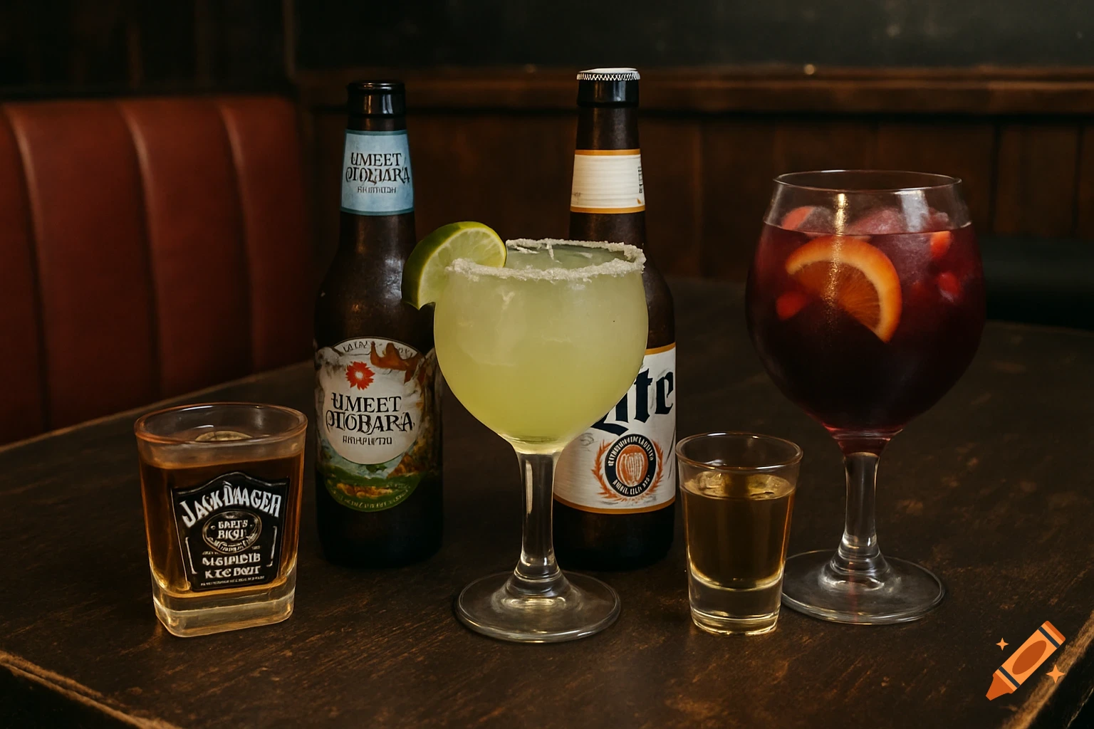 Selection of alcoholic drinks including margarita, sangria, beer, and shots on a dark bar table.