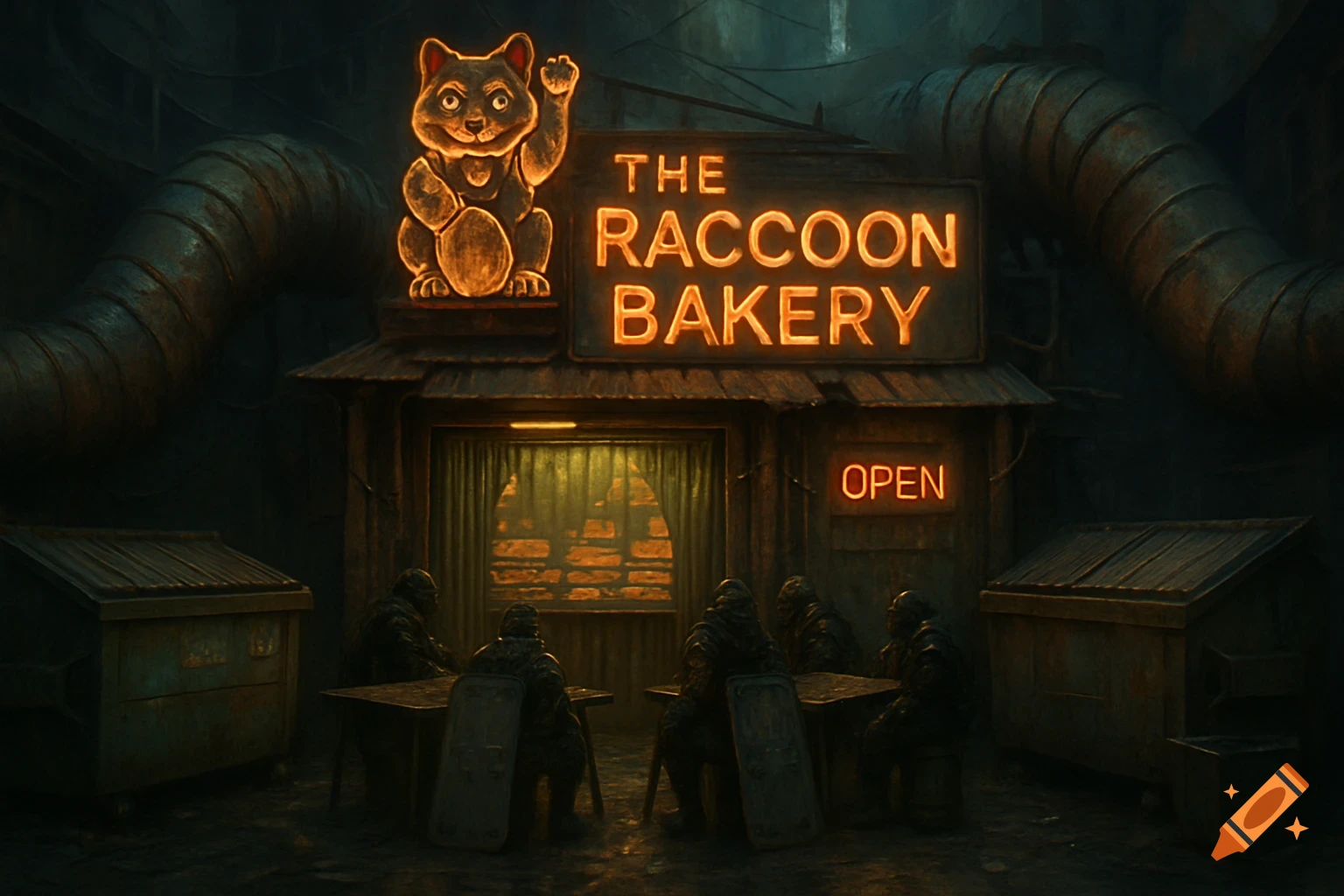 Neon sign for The Raccoon Bakery over a dark, gritty sci-fi/cyberpunk building with figures at tables and large pipes.