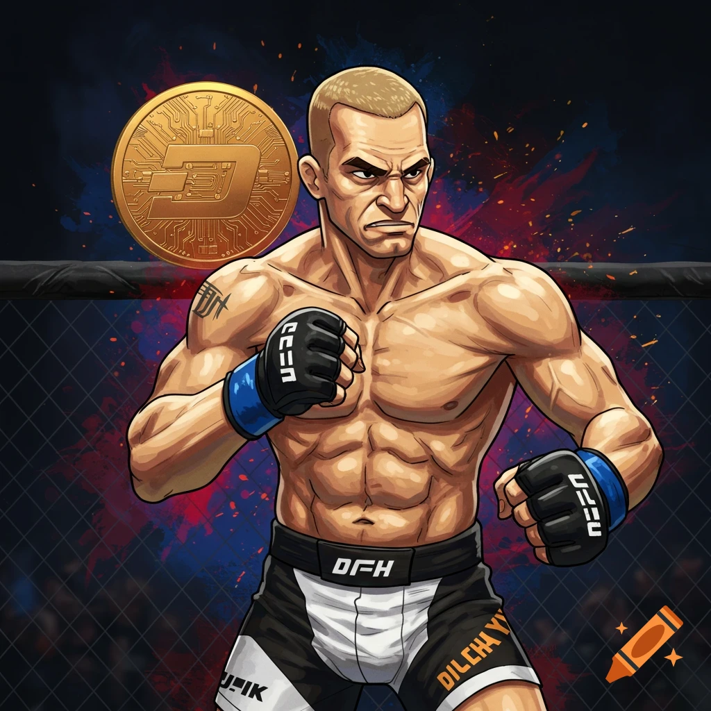 Stylized illustration of a muscular MMA fighter with a gold crypto coin behind him.