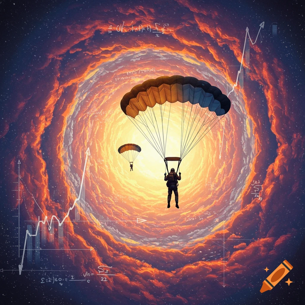 Paratroopers fall through a glowing vortex filled with graphs and mathematical equations.
