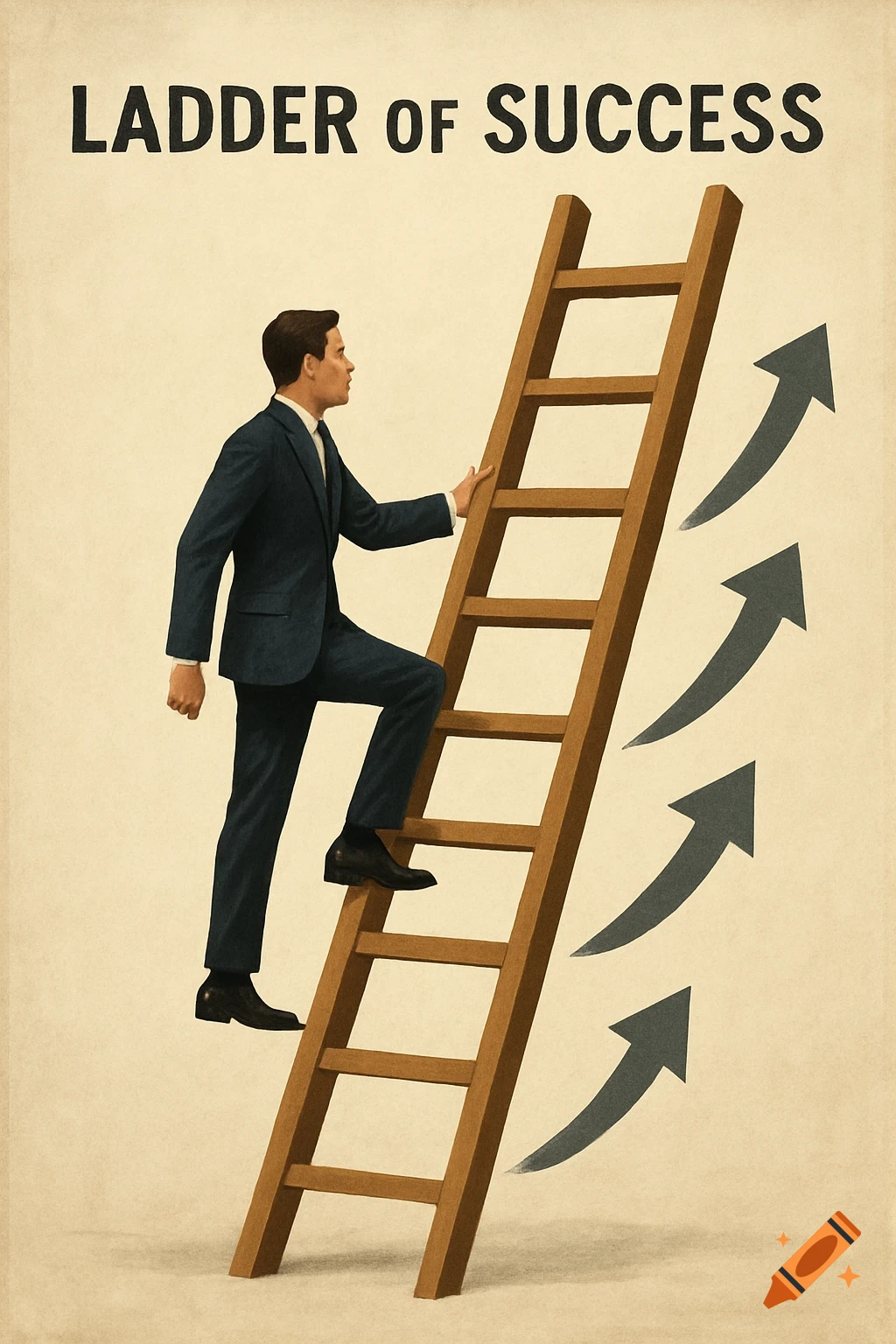Illustration of a man in a suit climbing a ladder labeled LADDER OF SUCCESS with rising arrows.