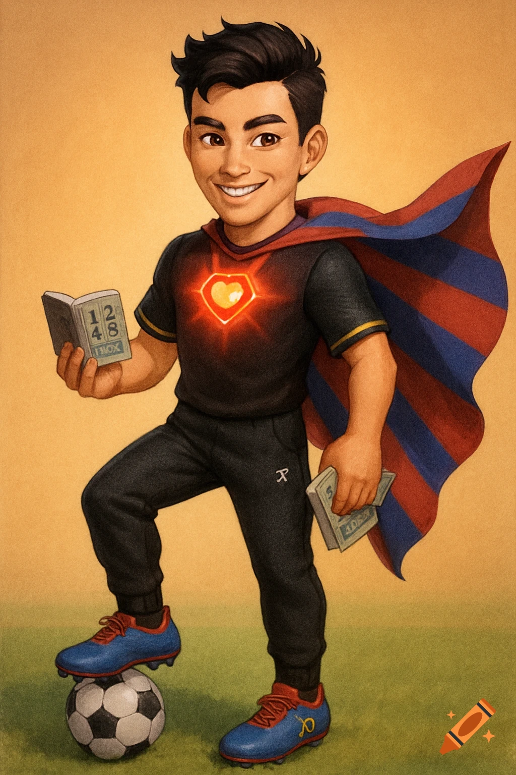 a-cartoon-boy-in-a-superhero-cape-and-soccer-gear-stands-on-a-ball