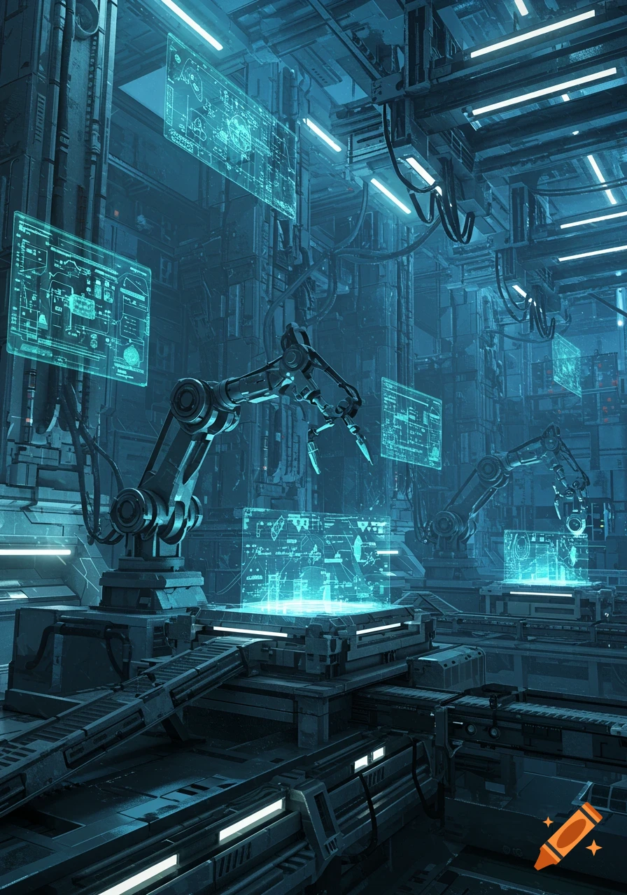 Interior of a futuristic factory with robotic arms, glowing holographic screens, and complex machinery in a blue-toned style.