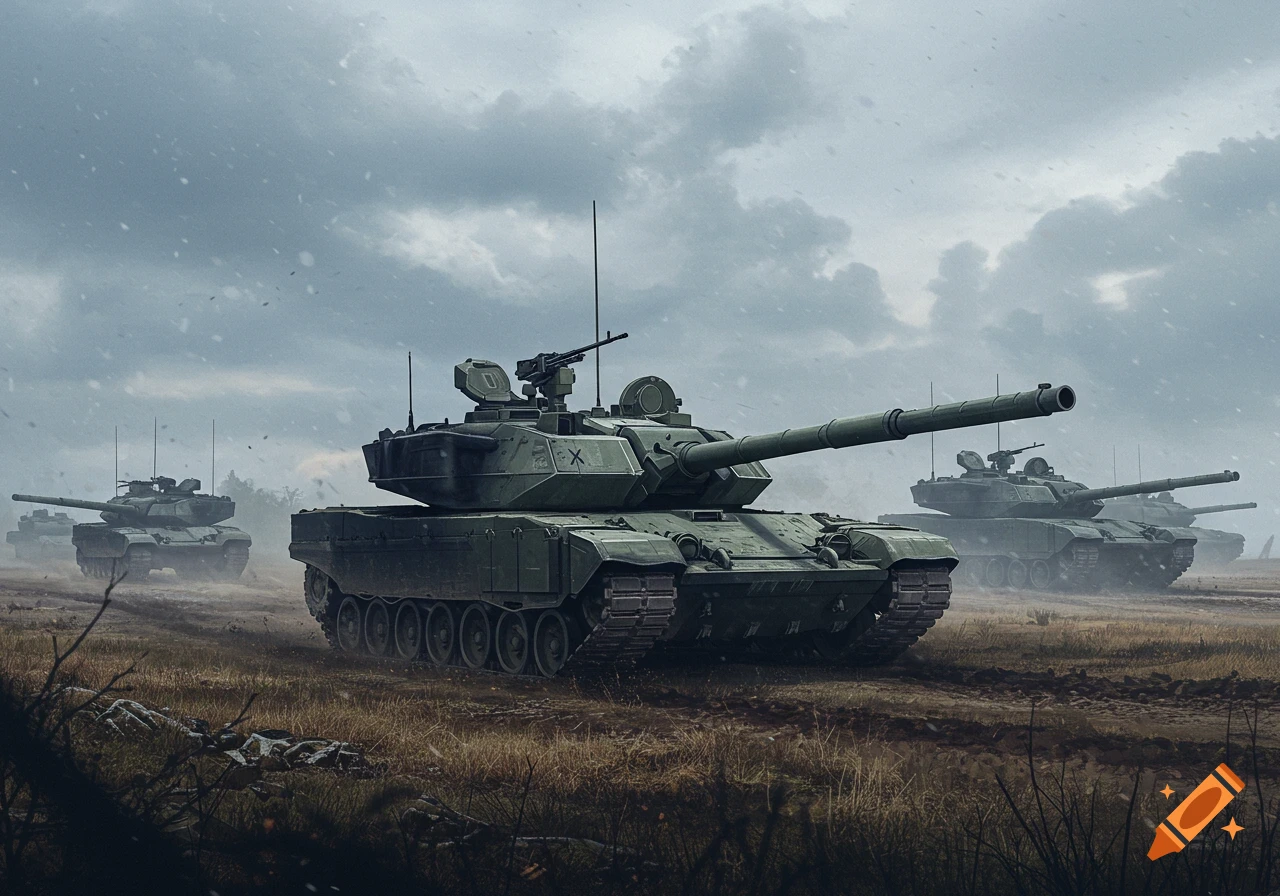 Several military tanks drive through a muddy field under a cloudy sky.