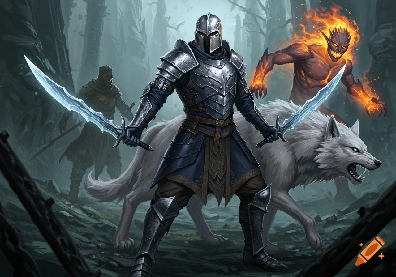 Armored warrior with two ice swords stands beside a white wolf, facing a fiery monster and a shadowy figure in a dark forest.