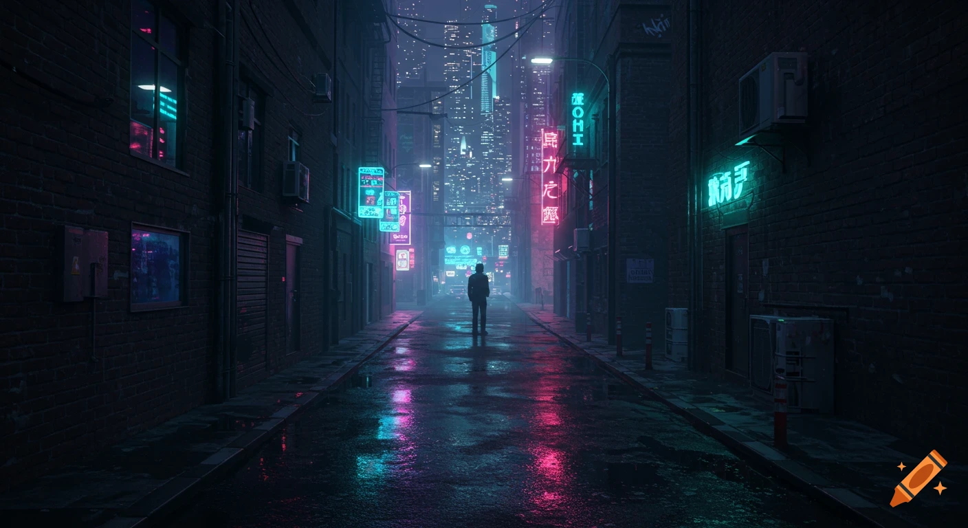 Figure stands in a dark, rainy cyberpunk city street lit by neon signs and distant buildings.