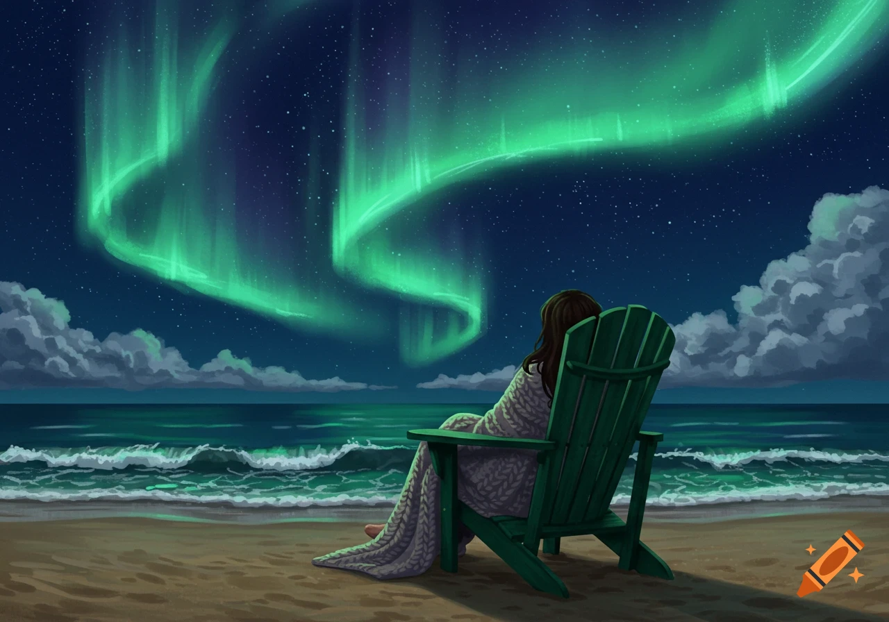 Person in a green adirondack chair on a beach watching the green aurora borealis in the night sky