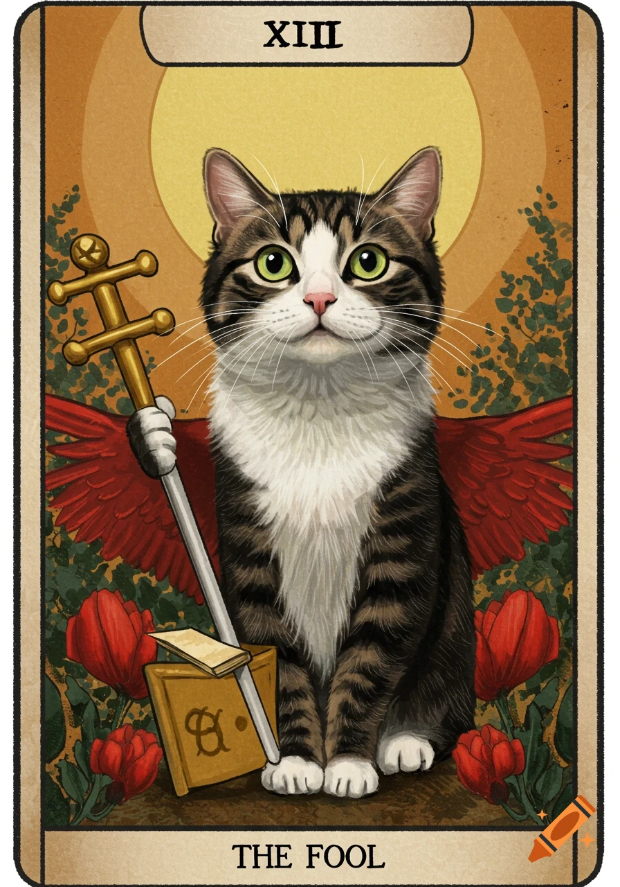 Illustration of a cat on a tarot card styled as The Fool.