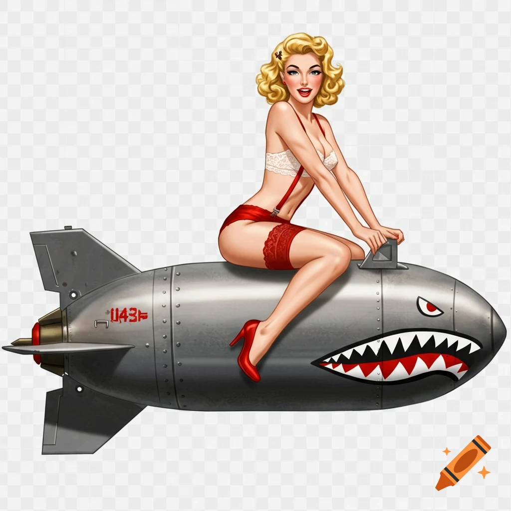 Illustration of a blonde pinup woman in lingerie riding a bomb with shark mouth graphics.
