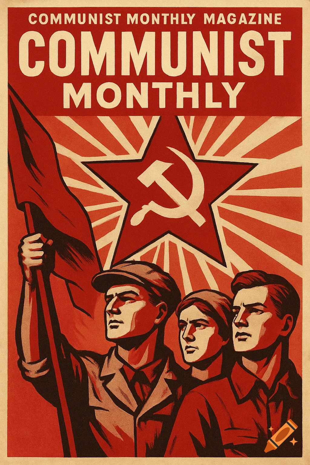 Soviet era propaganda poster with figures, flag, hammer and sickle, and 'Communist Monthly Magazine' text.