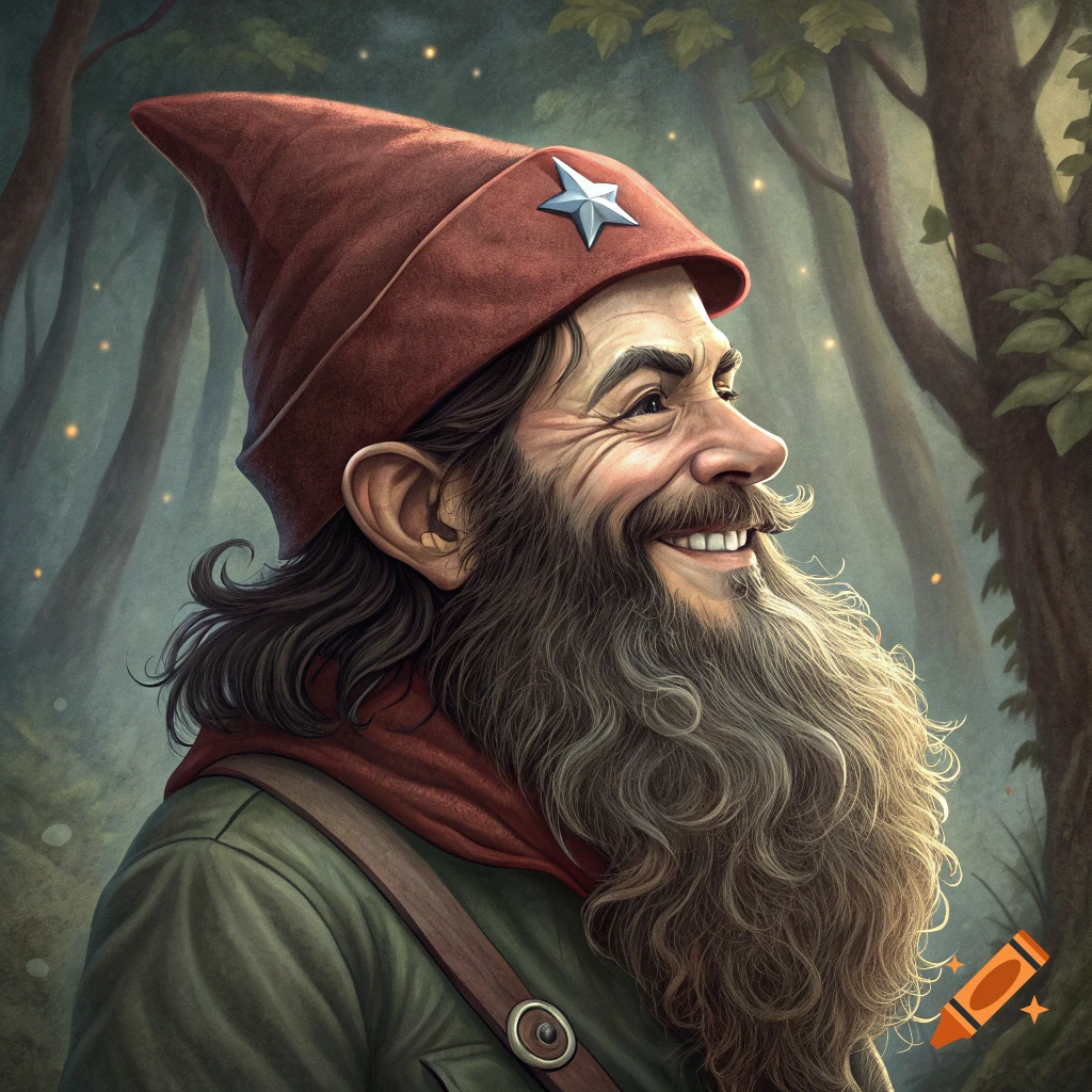 A smiling gnome with a long beard wears a red hat with a star in a forest.
