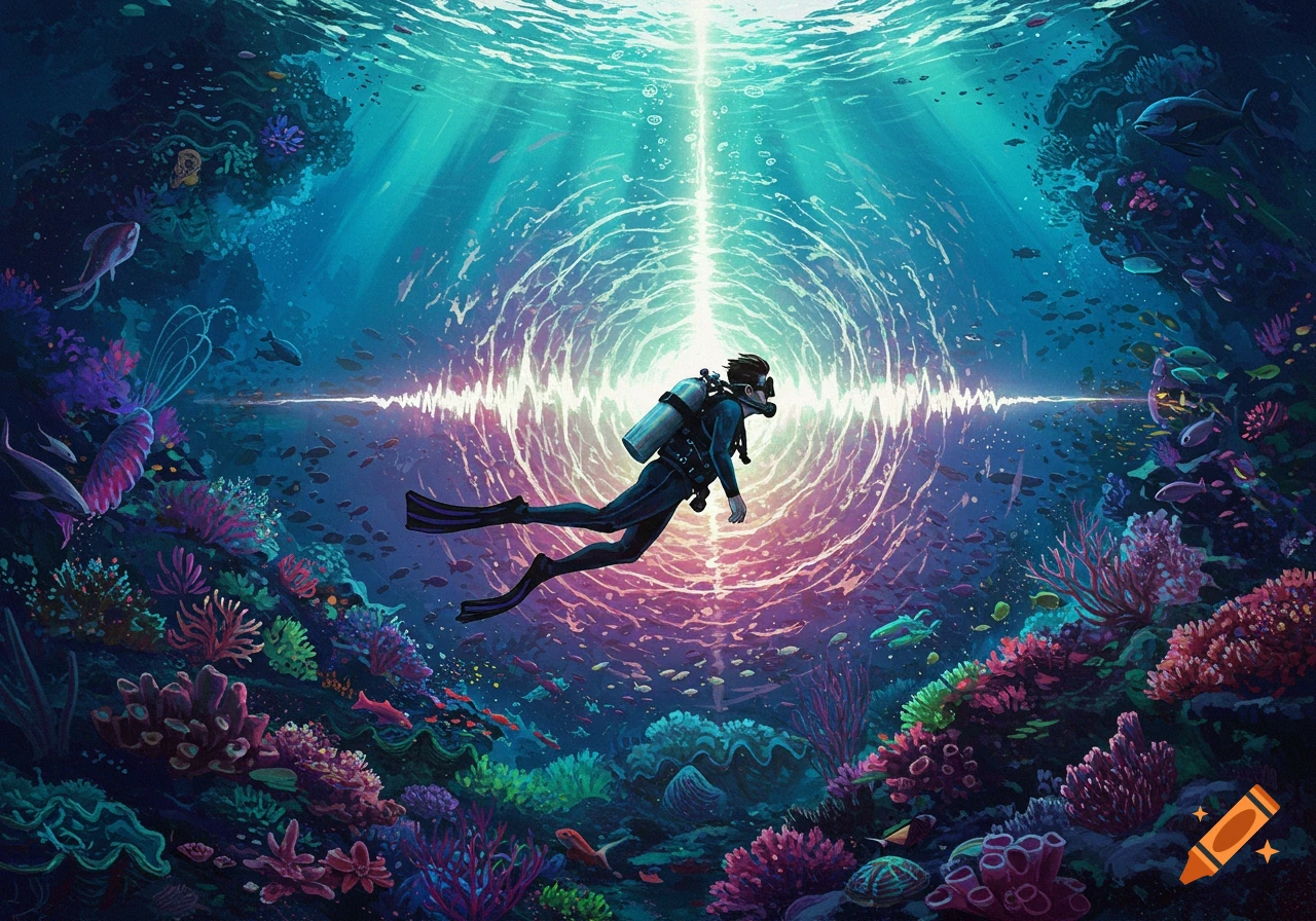 Illustrative image of a scuba diver in a vibrant coral reef with a light beam and energy waves above.
