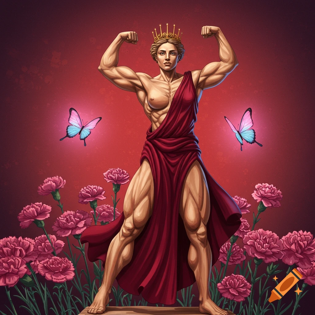 A muscular figure in a red cloth and crown flexes, flanked by glowing butterflies, surrounded by pink carnations.