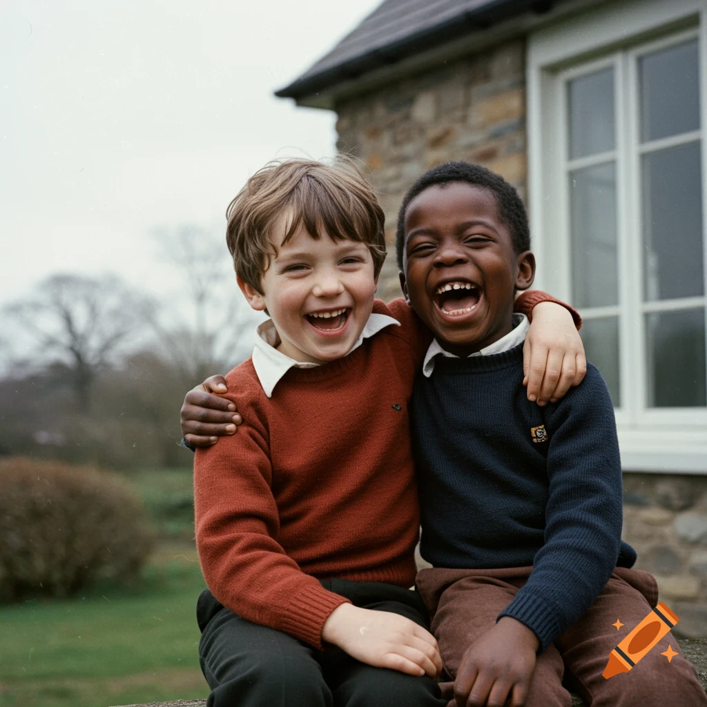 Two happy young boys laughing and hugging outdoors in a vintage photo style.