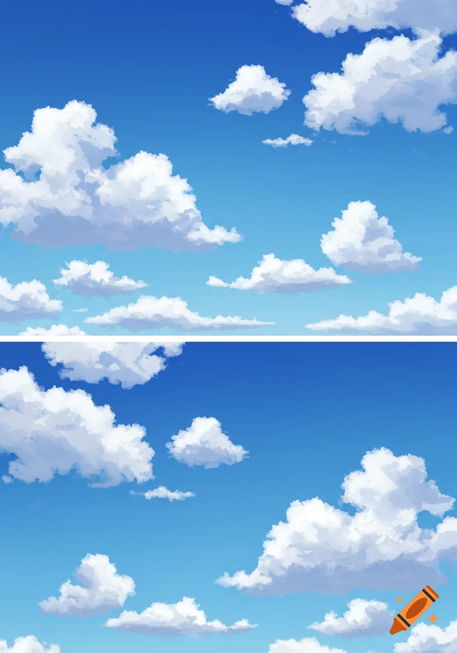 Blue sky with fluffy white clouds.