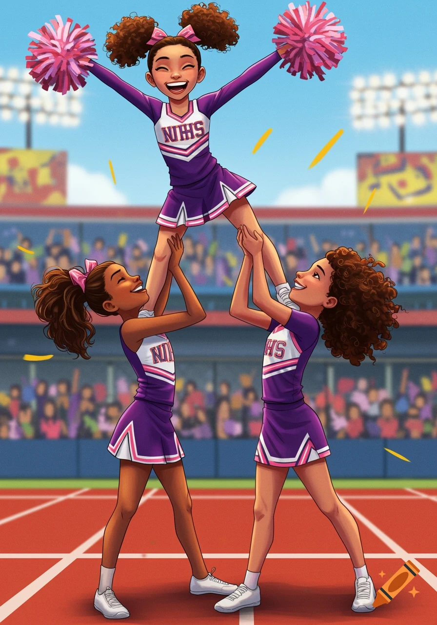 Three girls in purple cheer uniforms do a cheer stunt in a stadium. Illustration.