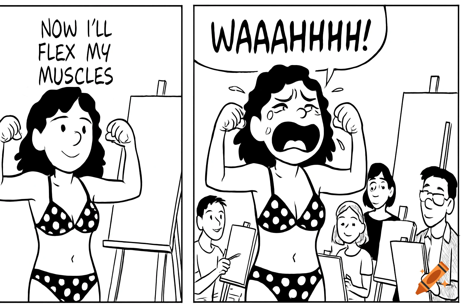 Black and white comic strip: Woman in bikini flexing says 'NOW I'LL FLEX MY MUSCLES', then cries while flexing for art class.