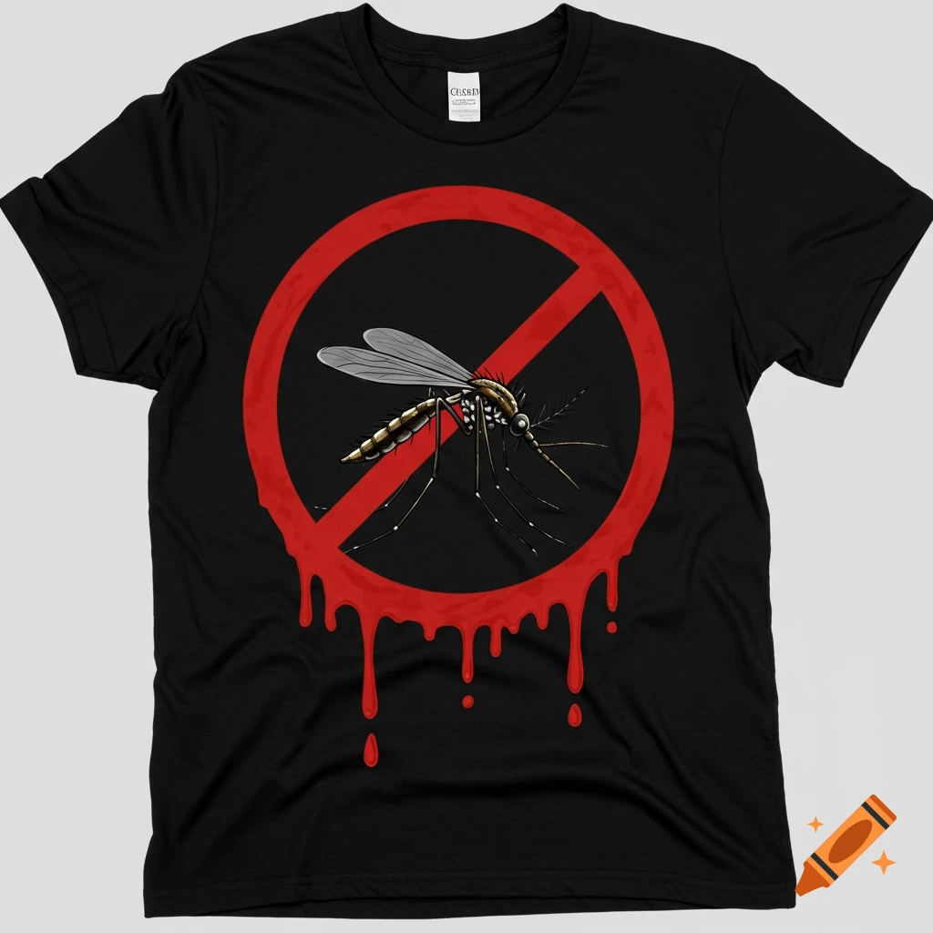 A black t-shirt with a red prohibition symbol over a mosquito, dripping red liquid.