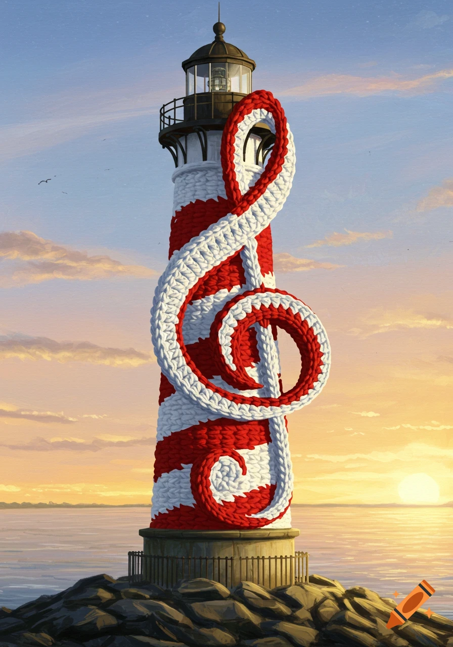 A lighthouse wrapped in a giant red and white crochet musical treble clef at sunset over the sea.