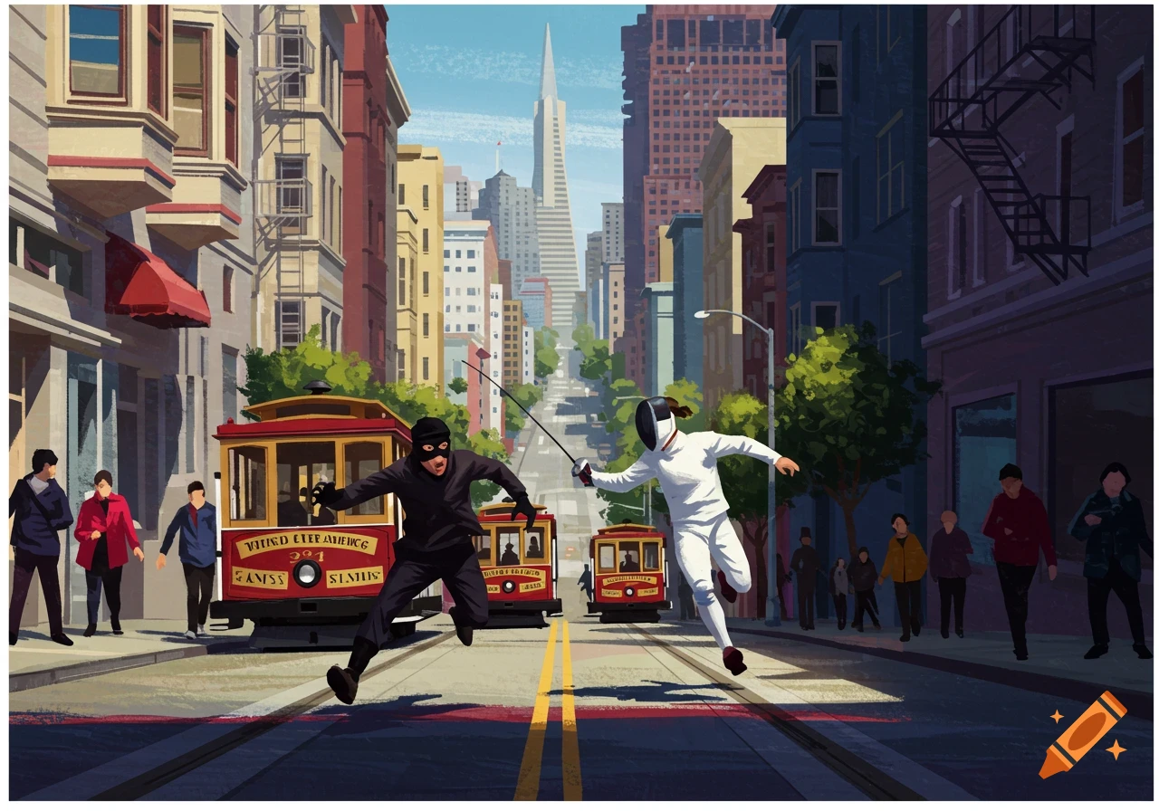 Illustration of two fencers sparring on a San Francisco street with cable cars in the background.