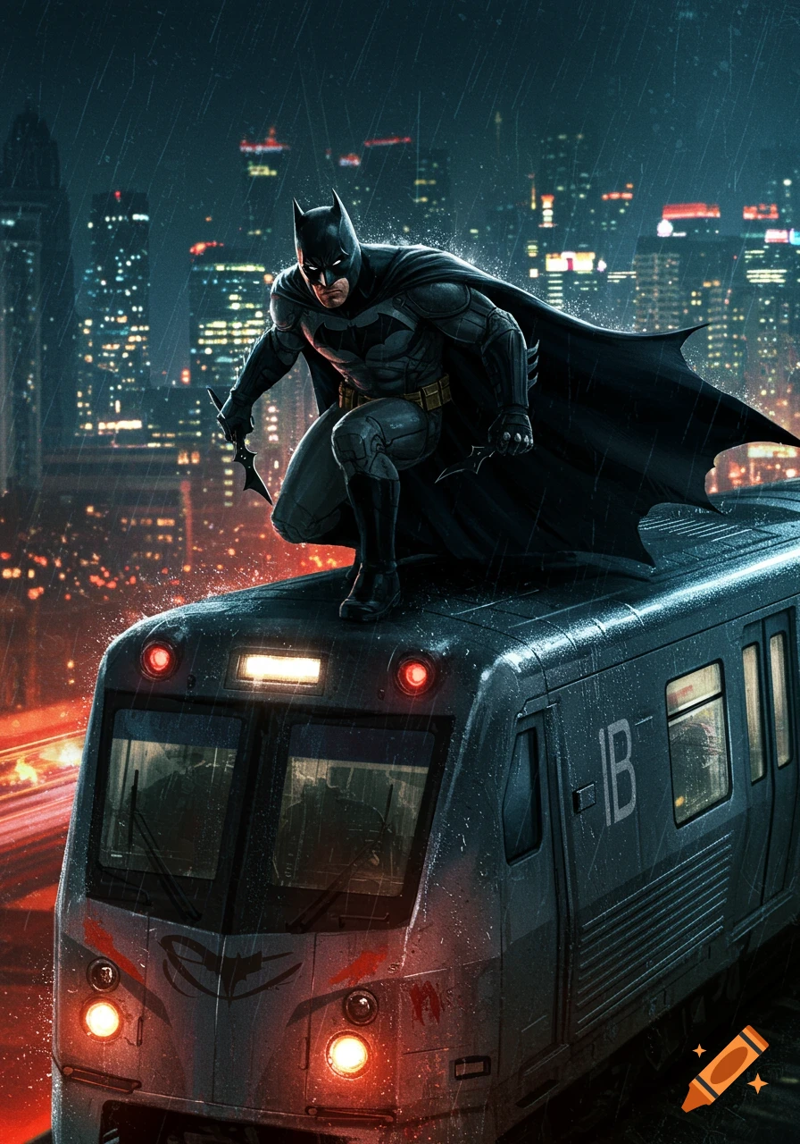 Batman crouches atop a train in a rainy city at night.