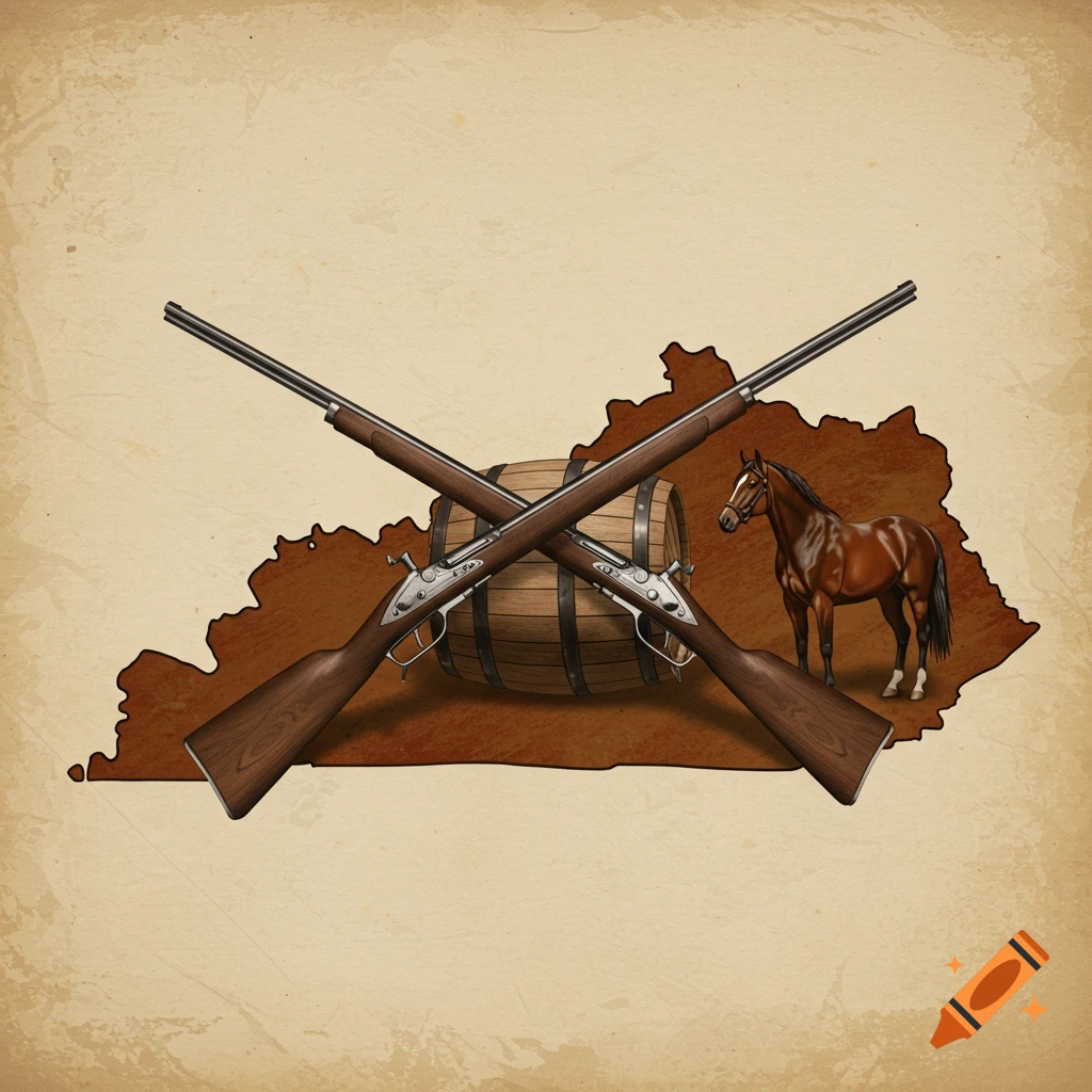 Illustration of the Kentucky state outline with crossed rifles, a bourbon barrel, and a horse.