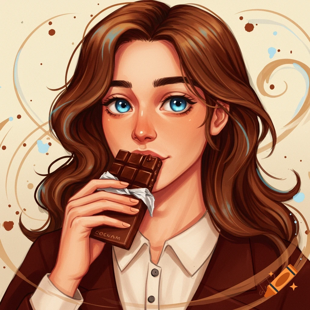 Illustration of a young woman with brown hair and blue eyes holding a chocolate bar.