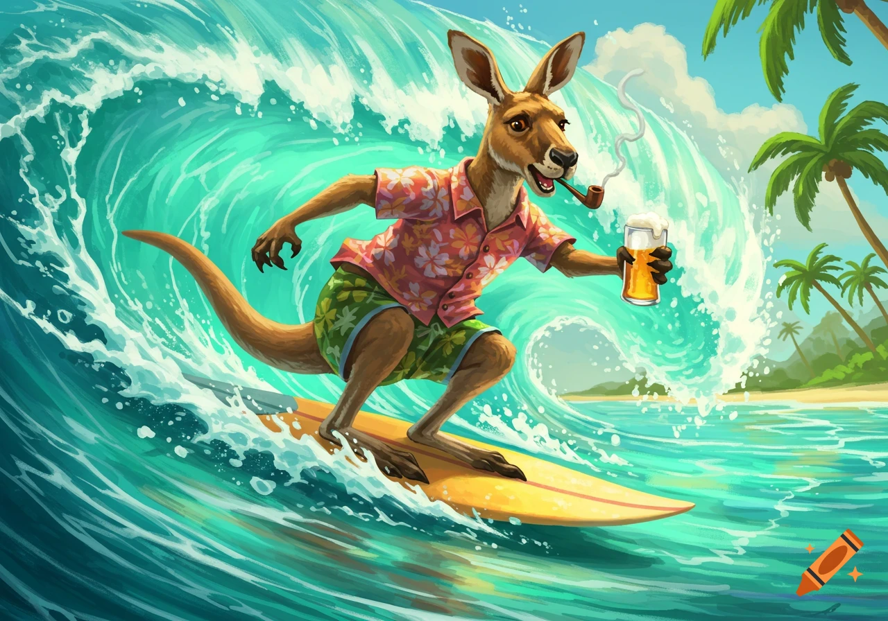 A cartoon kangaroo in a Hawaiian shirt surfs a wave, holding a beer and smoking a pipe.