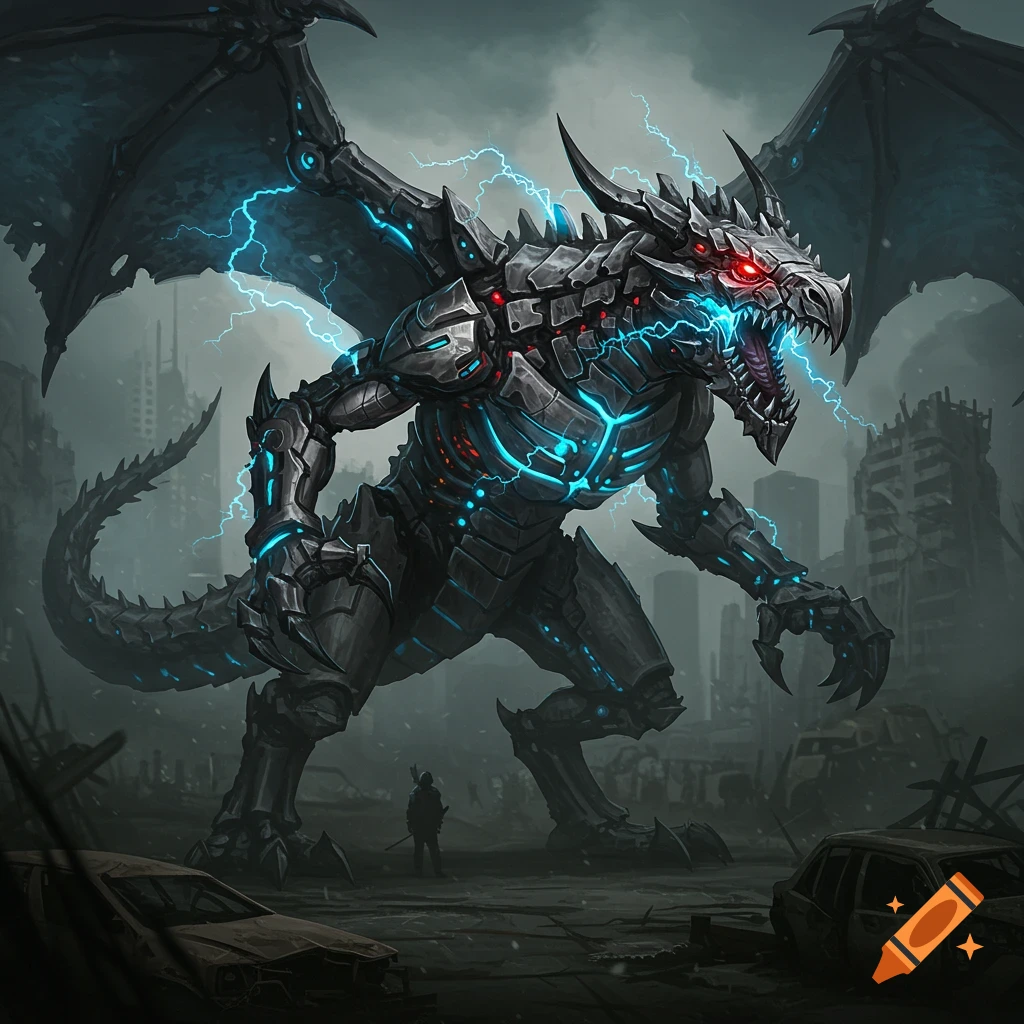 A giant black cybernetic dragon with blue glowing parts stands in a ruined city landscape with a small figure looking up at it.