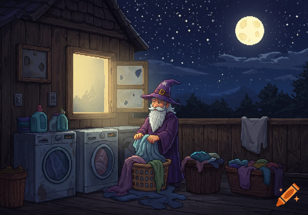 Pixel art of a wizard doing laundry at night under a starry sky with a full moon.