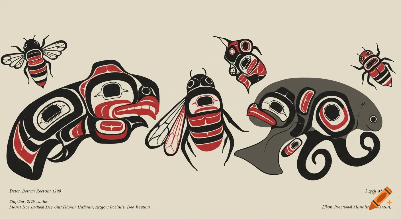 Salish style illustration of bees, bird, and marine animals on a light background.