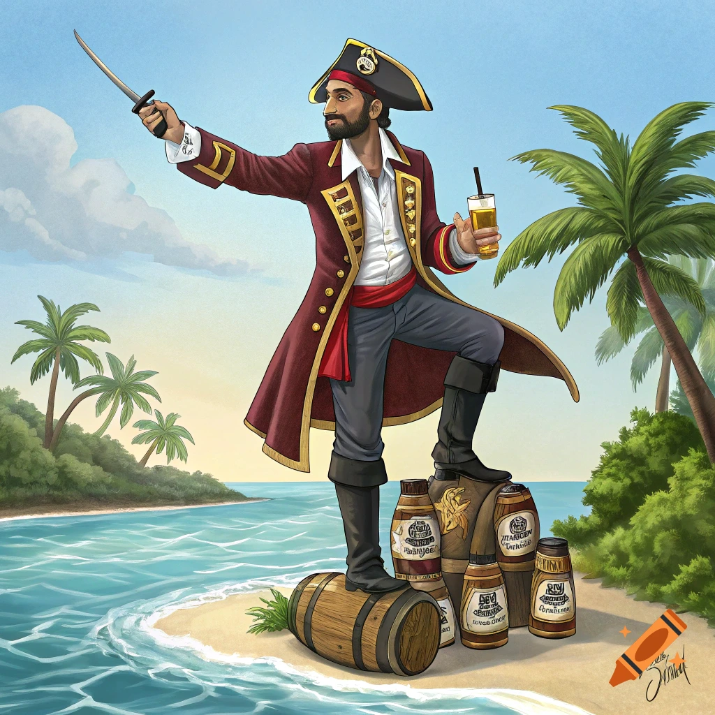 Illustration of a pirate standing on barrels on a beach, holding a sword and a drink.