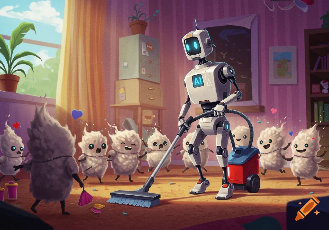 An AI robot vacuums while surrounded by dancing, fluffy dust bunnies with glowing blue eyes in a colorful room.