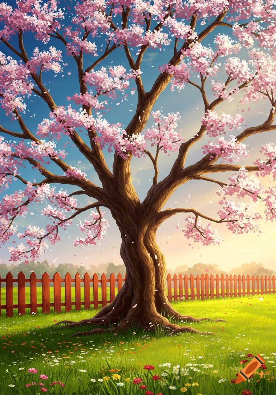 Stylized cherry blossom tree in a field of flowers with a fence, under a blue sky.
