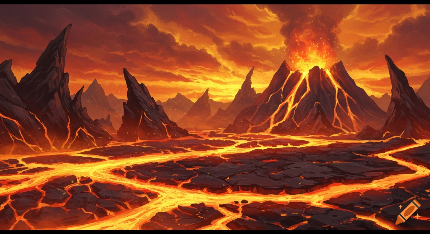 Volcanic landscape illustration with erupting volcano, lava flows, sharp rocky mountains, and dramatic fiery sky.