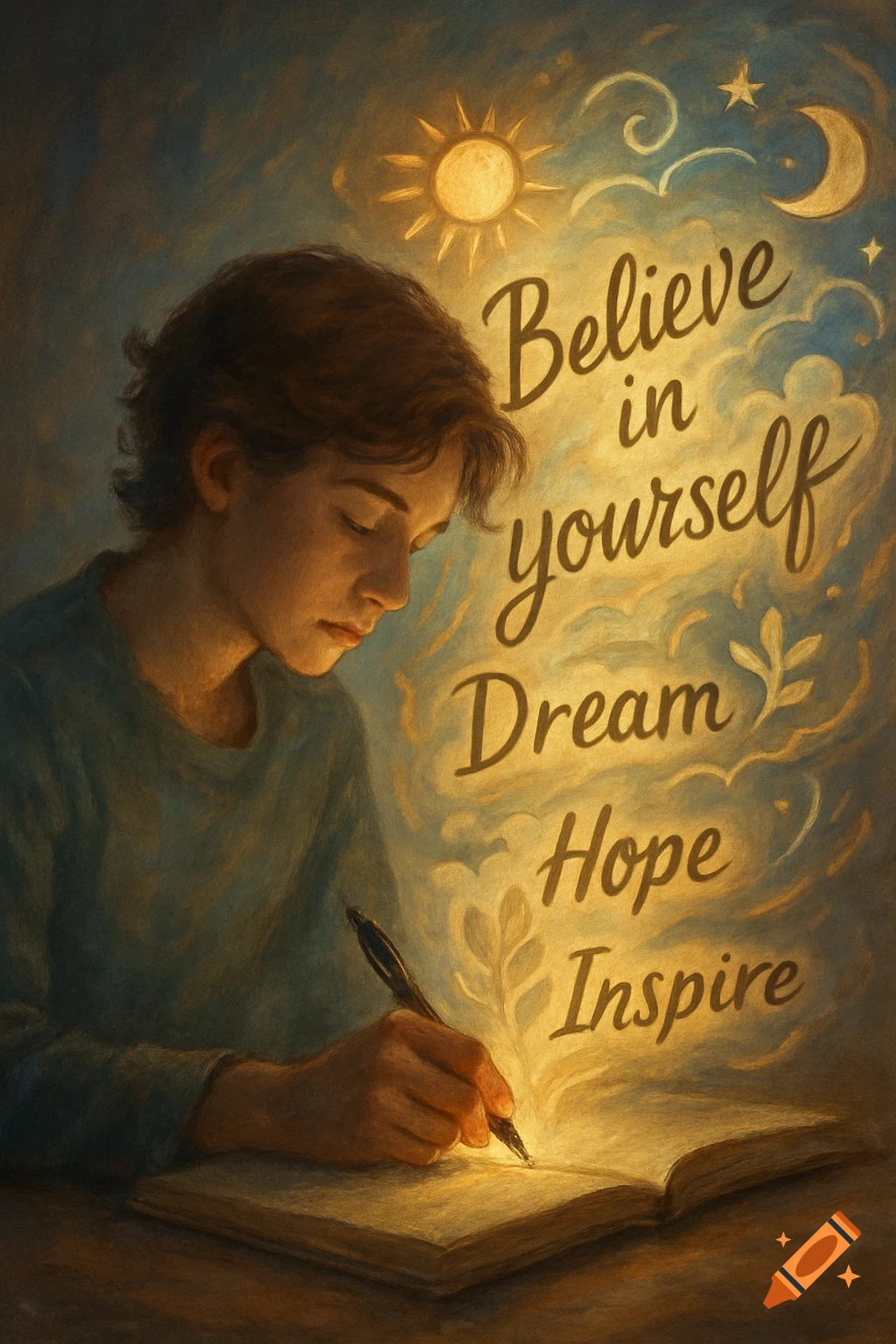 Illustration of a young person writing in a glowing book, with inspirational words and symbols floating around them.