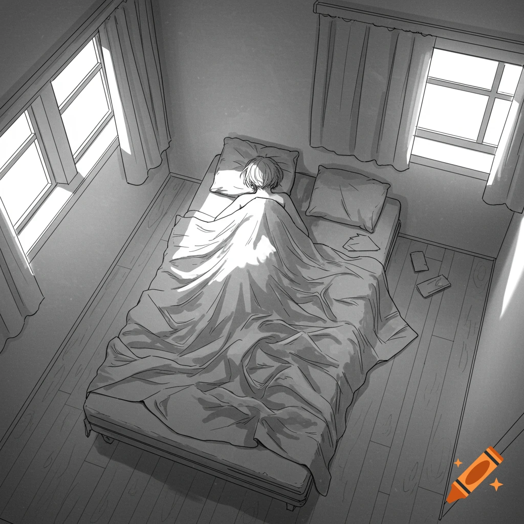 Black and white sketch of a person sleeping in a bedroom.